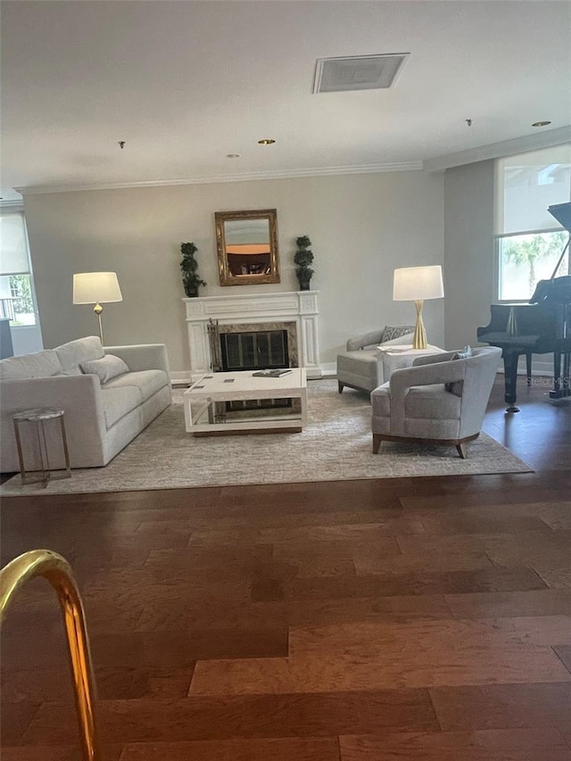 living room featuring crown molding and dark wood-type flooring