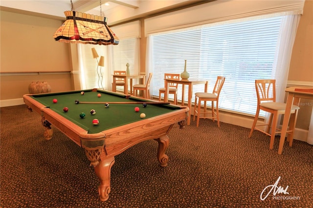 playroom featuring beamed ceiling, pool table, and carpet flooring