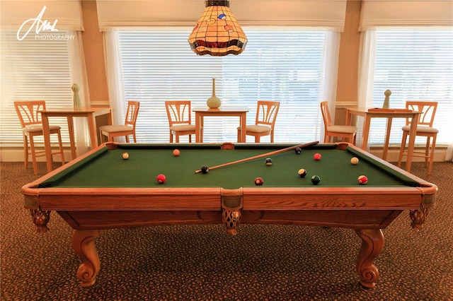 recreation room with carpet floors and billiards