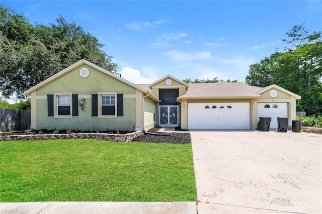 ranch-style home with a front lawn and a garage