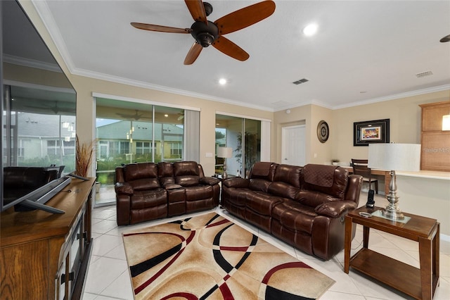 living room featuring light tile patterned floors, ceiling fan, and ornamental molding