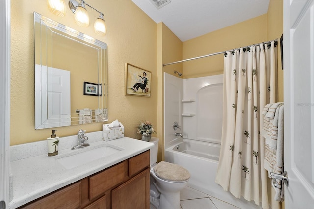 full bathroom featuring tile patterned flooring, shower / bath combination with curtain, vanity, and toilet