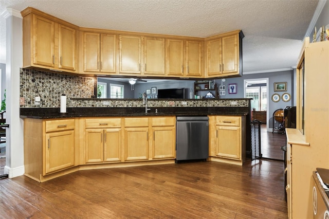 kitchen with dark hardwood / wood-style flooring, ceiling fan, dishwasher, and ornamental molding