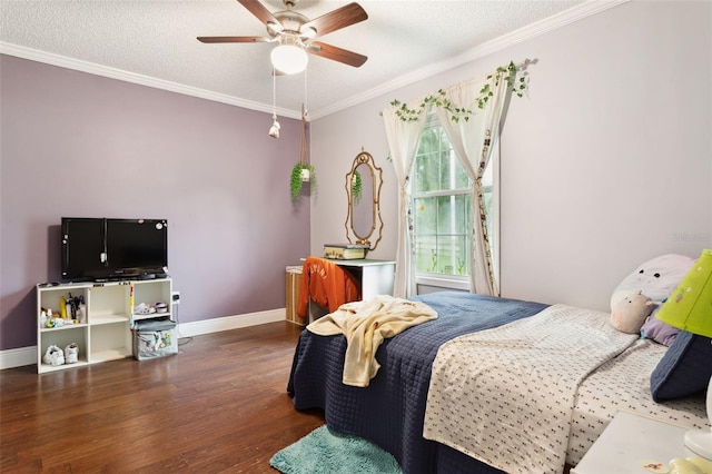 bedroom featuring ceiling fan, crown molding, dark hardwood / wood-style floors, and a textured ceiling