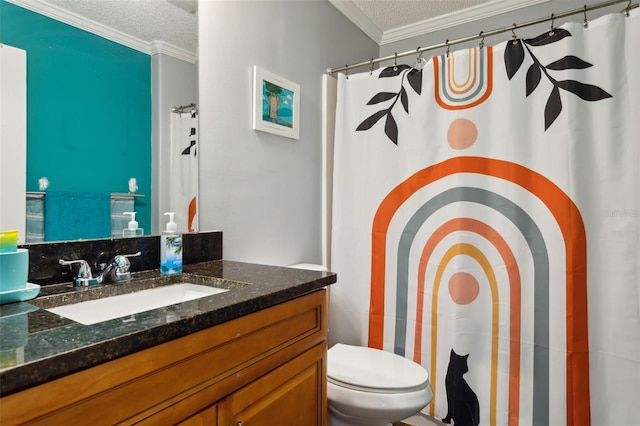 bathroom featuring walk in shower, vanity, a textured ceiling, crown molding, and toilet