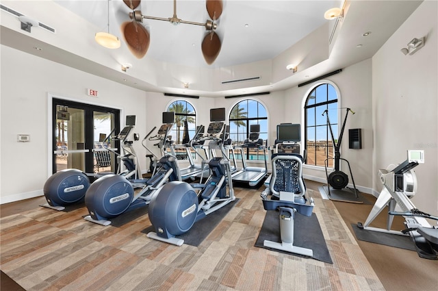 exercise room featuring a raised ceiling