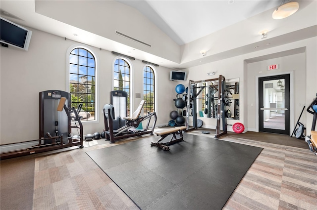 workout area featuring carpet floors and high vaulted ceiling