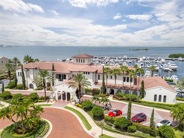 exterior space with a water view