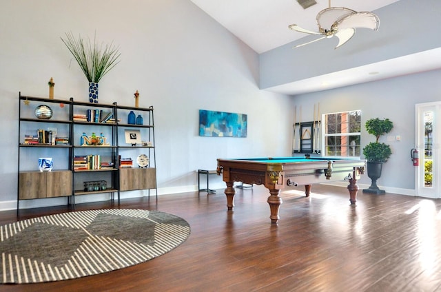 game room with hardwood / wood-style floors, ceiling fan, pool table, and vaulted ceiling