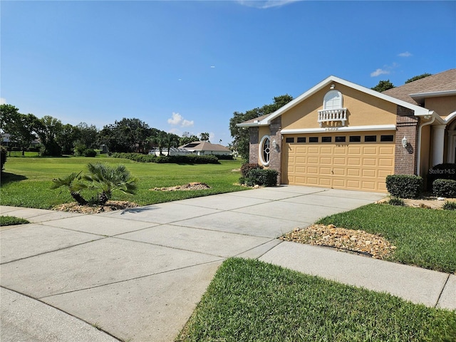 view of side of home featuring a lawn and a garage