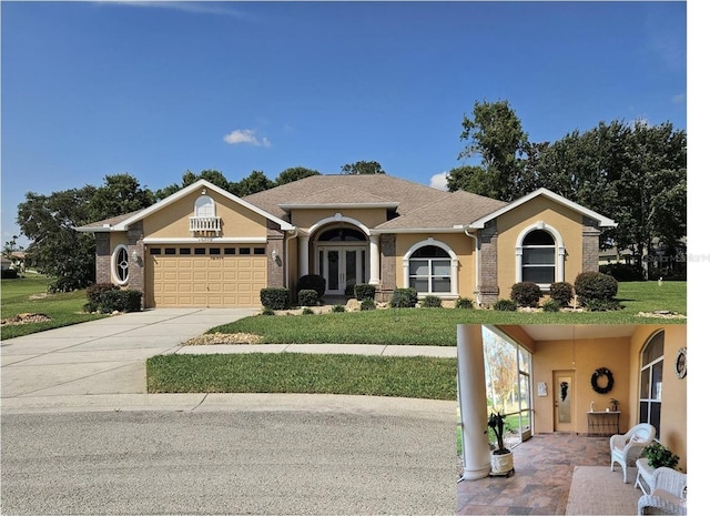 ranch-style house with french doors and a front yard