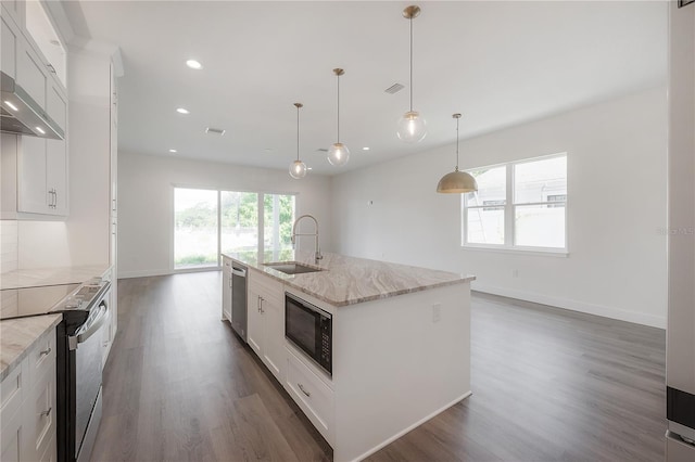 kitchen with appliances with stainless steel finishes, hanging light fixtures, sink, white cabinetry, and a kitchen island with sink