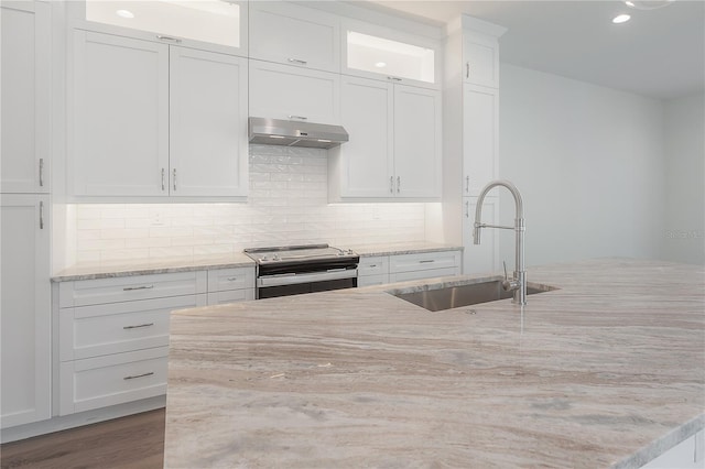 kitchen with tasteful backsplash, stainless steel electric range oven, light stone countertops, white cabinets, and sink