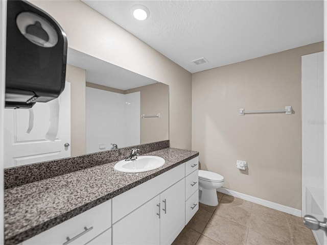 full bathroom featuring shower / bath combination, vanity, a textured ceiling, tile patterned floors, and toilet