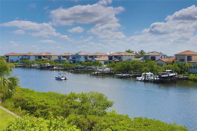 water view featuring a dock