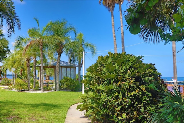 view of property's community with a water view and a yard
