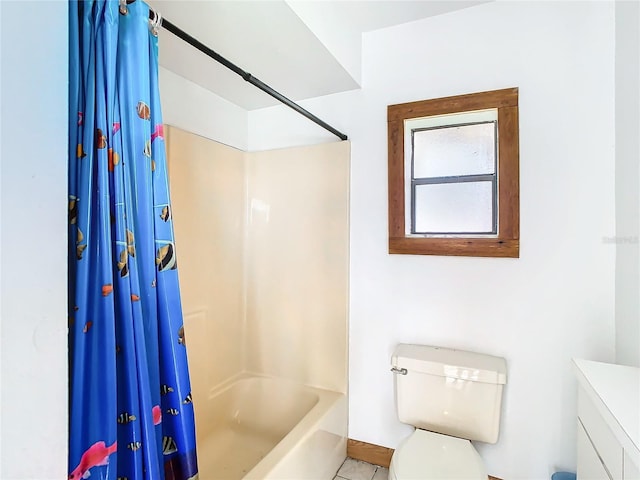 full bathroom with vanity, tile patterned flooring, toilet, and shower / bathtub combination with curtain