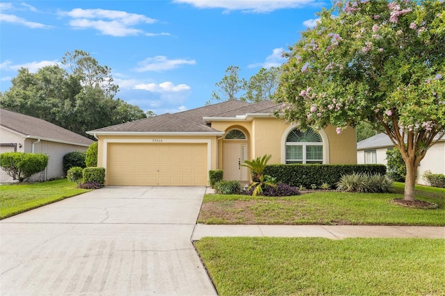 view of front of house featuring a front lawn and a garage