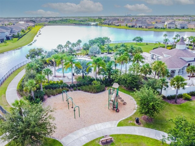 aerial view featuring a residential view and a water view