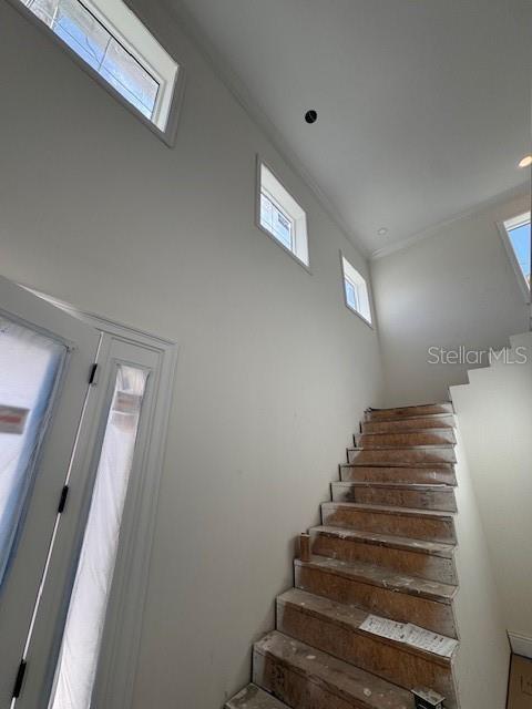 staircase featuring a high ceiling