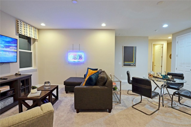 living room featuring light carpet