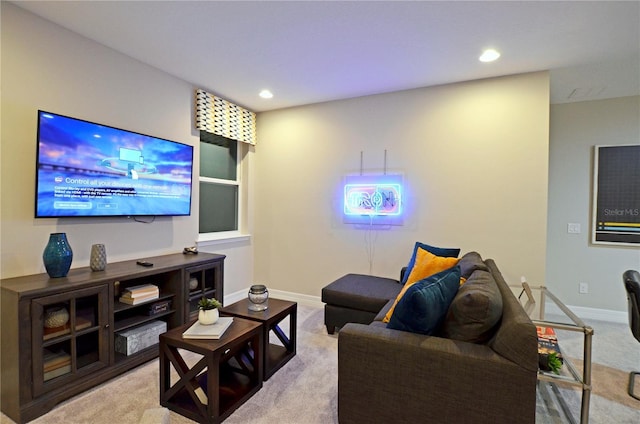 living room featuring light carpet