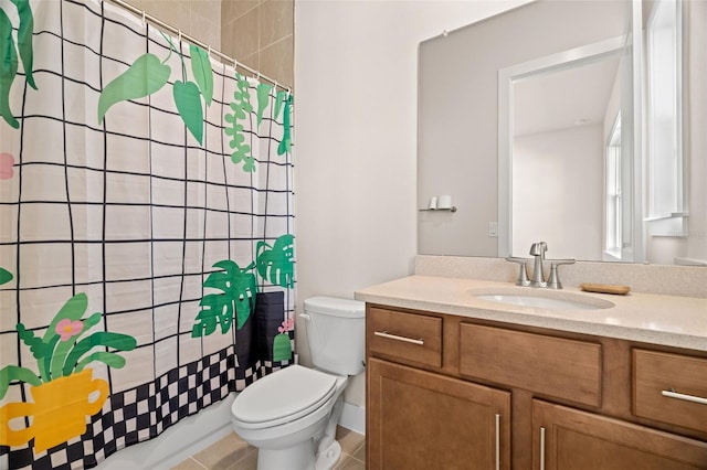 bathroom with tile patterned flooring, vanity, toilet, and shower / bathtub combination with curtain