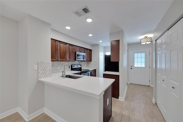 kitchen featuring sink, decorative backsplash, dark brown cabinetry, kitchen peninsula, and stainless steel appliances