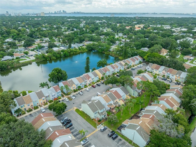 drone / aerial view with a water view