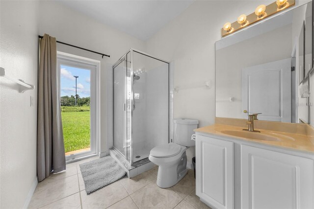 full bathroom with toilet, a stall shower, tile patterned floors, and vanity