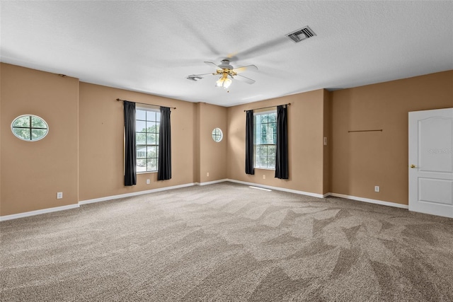 empty room with carpet floors, a wealth of natural light, visible vents, and baseboards