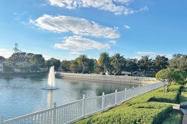 view of water feature featuring fence