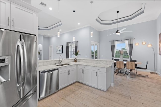 kitchen featuring appliances with stainless steel finishes, a tray ceiling, and white cabinets