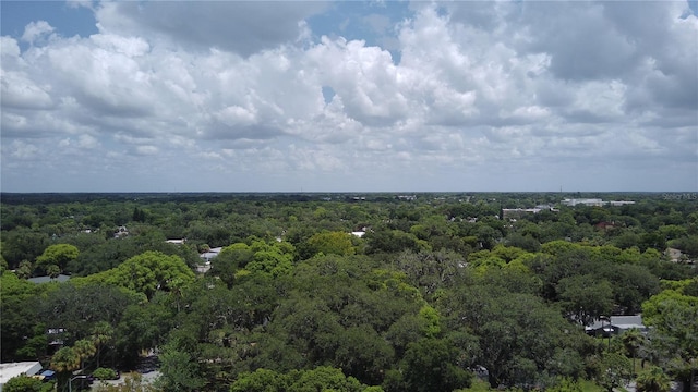 bird's eye view with a wooded view