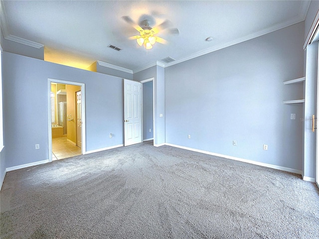 interior space featuring connected bathroom, ceiling fan, crown molding, and light carpet