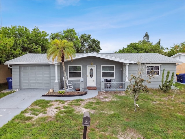 ranch-style home with a garage and a front lawn