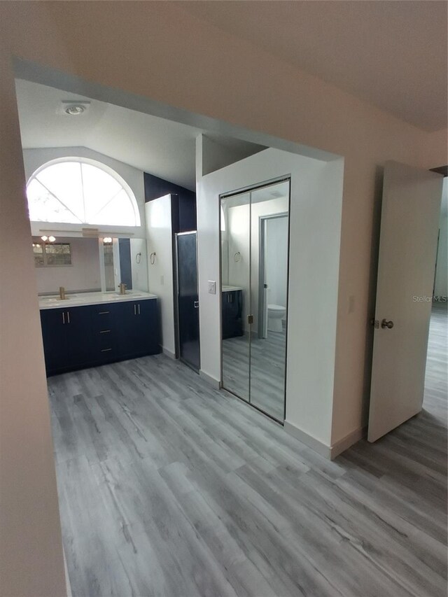 interior space with lofted ceiling, sink, and hardwood / wood-style floors