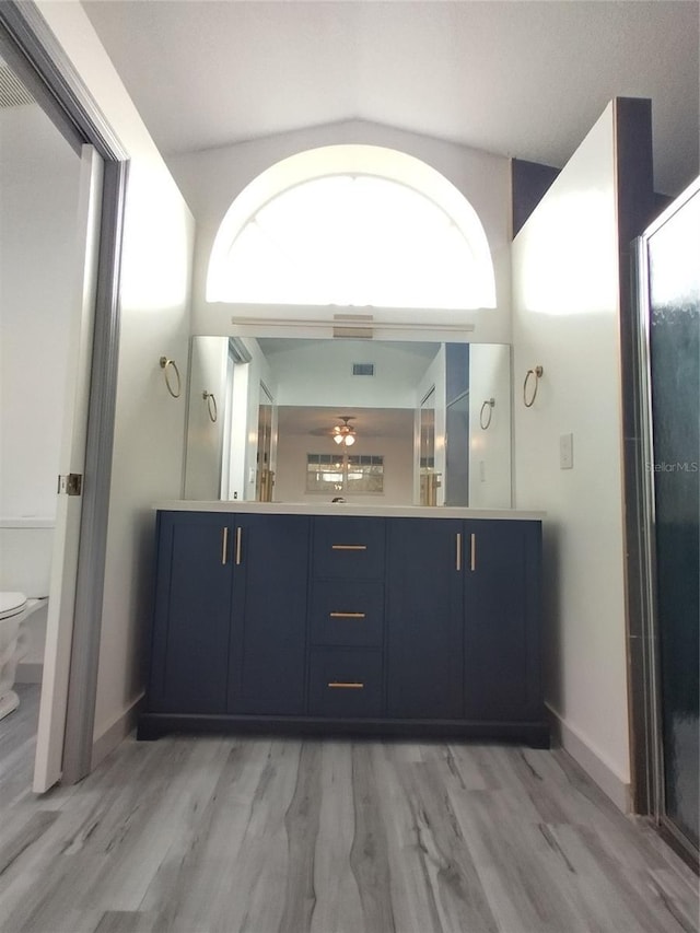 bathroom with hardwood / wood-style flooring, vanity, and toilet