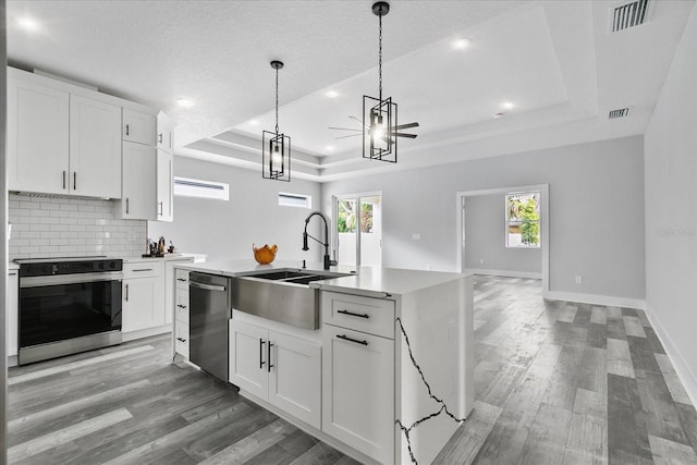 kitchen featuring a raised ceiling, dishwasher, range with electric stovetop, and white cabinets