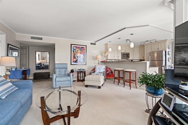 living room featuring a textured ceiling, ornamental molding, and light carpet