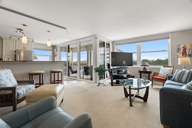 carpeted living room featuring a textured ceiling and sink