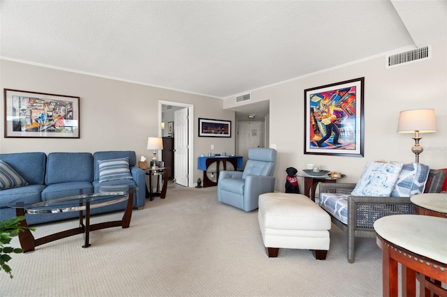 carpeted living room with ornamental molding