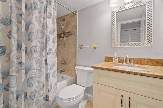 full bathroom with vanity, a textured ceiling, toilet, and shower / tub combo with curtain