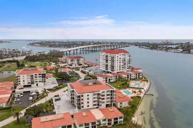 drone / aerial view with a water view