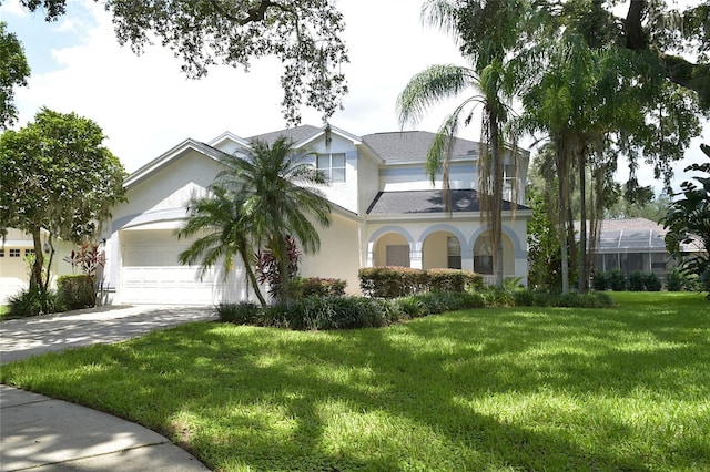 view of front of home featuring a garage and a front yard