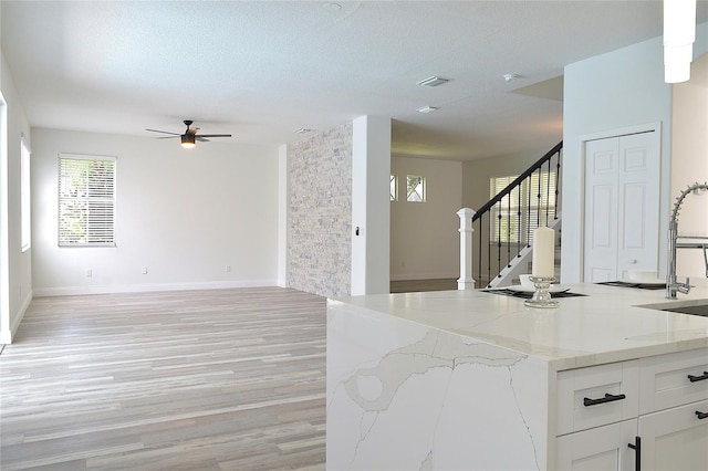 interior space featuring light hardwood / wood-style floors, a healthy amount of sunlight, ceiling fan, and a textured ceiling