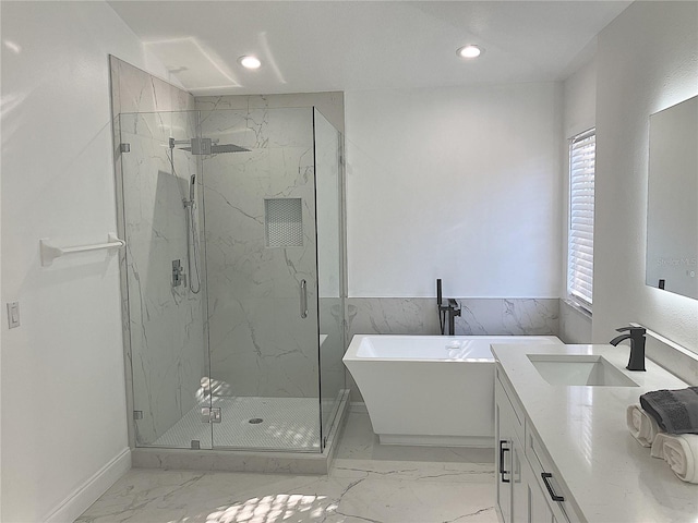 5308 Cedarshake Ln, Valrico, FL 33596 - full bath featuring a freestanding tub, marble finish floor, recessed lighting, and a marble finish shower