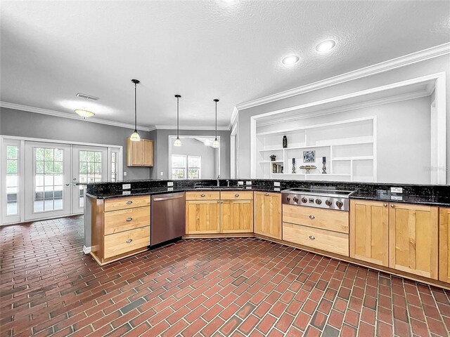 kitchen featuring built in features, hanging light fixtures, stainless steel appliances, a textured ceiling, and kitchen peninsula