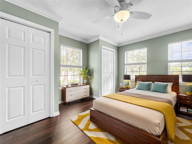 bedroom with dark wood-type flooring, ceiling fan, ornamental molding, and a textured ceiling