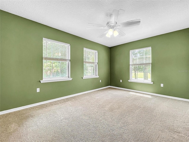 spare room featuring ceiling fan, carpet, and a textured ceiling